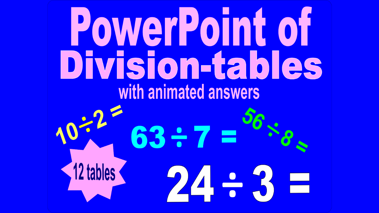 PowerPoint of division tables with animated answers for group exercises.